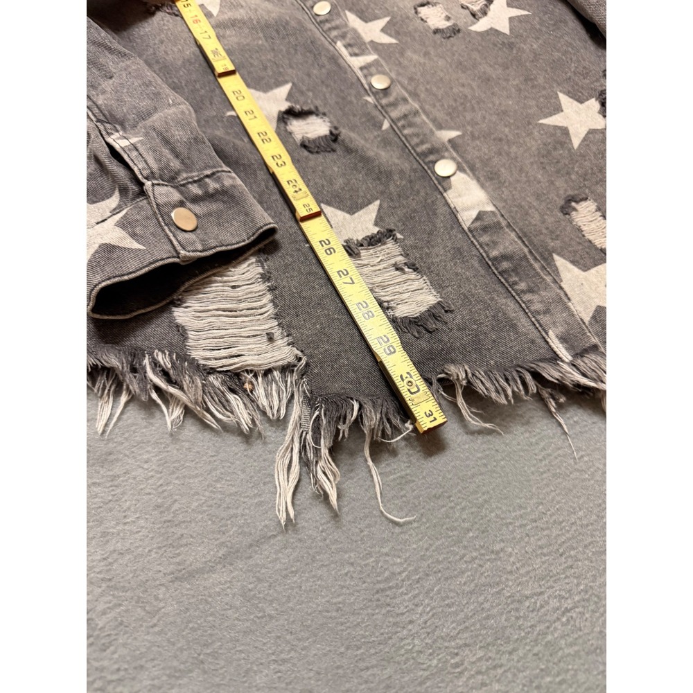 Blue‎ Buttercup Womens Distressed Gray Star Denim Button Up Shirt Grunge - Picture 3 of 8